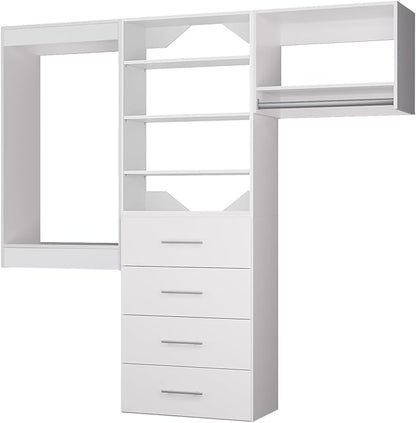 ROOMTEC Modular Closet System, 90" Wall Mounted Closet Organizer with Hanging Rods and Drawers, Modern Wooden Tower for Walk-In Closets, Wardrobe Storage Kit, White