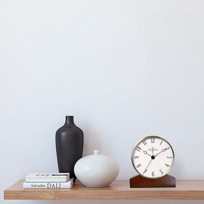 Presentime & Co Mozart Mantel Alarm Clock, Desk and Shelf Clock, Tabletop Decoration, 6 x 5.5 inch, Silent no Ticking, Wooden Base, Walnut Finish, Golden Color, Arabic Numeral