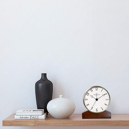 Presentime & Co Mozart Mantel Alarm Clock, Desk and Shelf Clock, Tabletop Decoration, 6 x 5.5 inch, Silent no Ticking, Wooden Base, Walnut Finish, Golden Color, Arabic Numeral