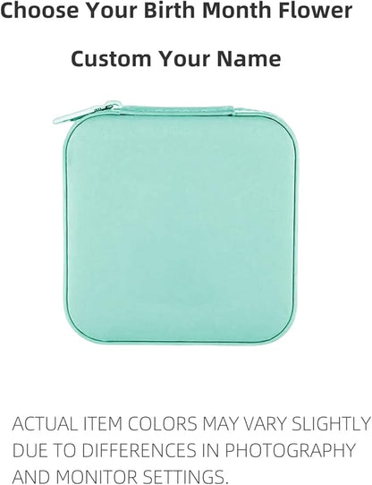 Personalized Jewelry Box, Custom Name Leather Jewelry Box with Birth Flower Small Travel Jewelry Case for Mothers Day Gifts, Birthday Gifts, Wedding Gifts for Women Mom Wife Girls