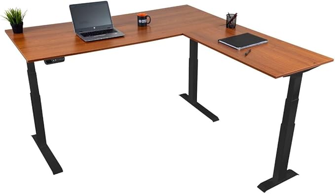 S STAND UP DESK STORE Triple Motor Electric L-Shaped Corner Standing Desk with EZ Assemble Frame (Black Frame/Teak Top, 71in W x 71 inch D