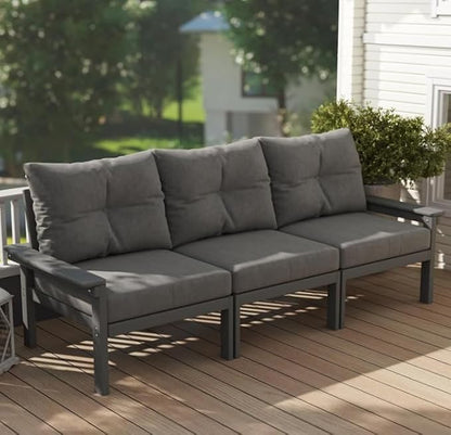 Grey HDPE Patio Sofa Set, 3-Piece Sectional Outdoor Patio Furniture Set, All Weather Outdoor Couch Set with Washable Thick Cushions for Lawn, Garden, Deck, Porch, Balcony, Poolside, Yard