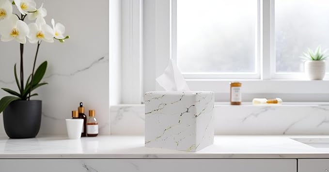 Marble Tissue Box Cover Square Decorative Stone Klenex Box Holder for Bathroom & Living Room with Handcrafted Texture (Marble-A)