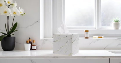 Marble Tissue Box Cover Square Decorative Stone Klenex Box Holder for Bathroom & Living Room with Handcrafted Texture (Marble-A)