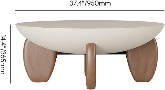 homary Round Concrete Coffee Table with Premium Walnut Ash Wood Legs, Modern Minimalist Cement Finish Center Table for Living Room (Beige, 37.4" W x 37.4" D x 14.4" H)