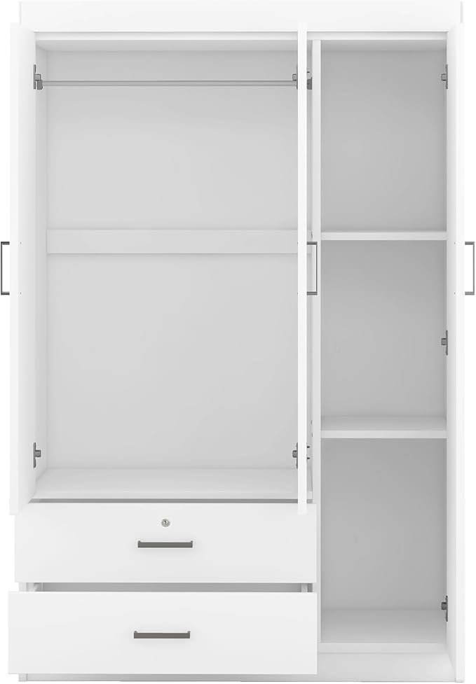 3 Door Wardrobe Cabinet Closet with Storage Drawers, Shelves and Hanging Rail for Clothes, Bedroom Organizer