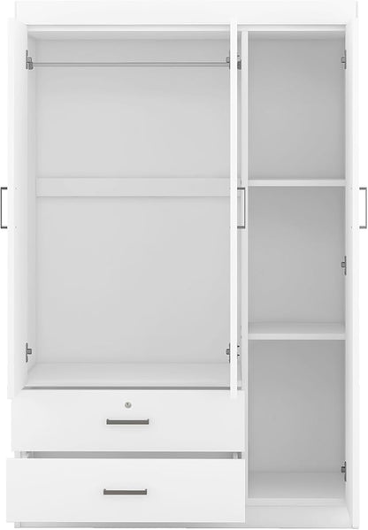 3 Door Wardrobe Cabinet Closet with Storage Drawers, Shelves and Hanging Rail for Clothes, Bedroom Organizer