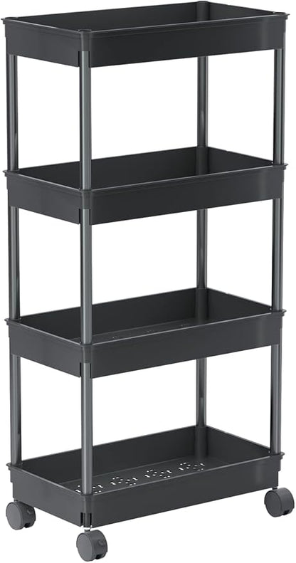 Sooyee 4 Tier Wide Storage Cart Mobile Shelving Unit Organizer Slide Out Storage Rolling Utility Cart Tower Rack for Kitchen Bathroom Laundry, Plastic & Stainless Steel, Black
