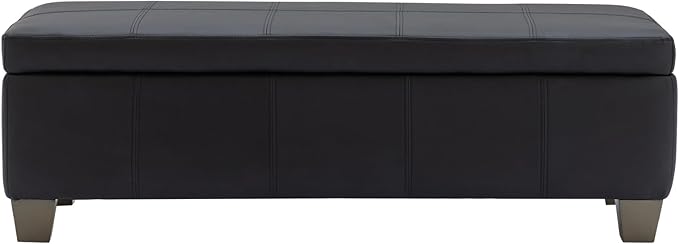 51 Inch Storage Ottoman, Storage Bench with Safety Hinge, Upholstered Synthetic Leather Ottoman Bench for Bedroom, Living Room, Entryway, Hallway, Foot Rest, Support 500lbs, Black