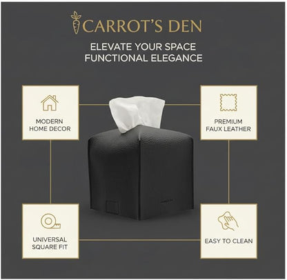 Tissue Box Cover Holder, Square with Bottom Belt by Carrot's Den - PU Leather Decorative Organizer for Tabletop, Bathroom, Car, Office | Black