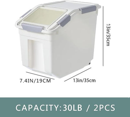 30Lbs 2 Pack Food Storage Container with Scoop, Airtight Rice Storage Bins Flour Containers Pet Food Dispenser with Handle & Wheels, Plastic Kitchen Pantry Organization for Cereal Baking Supplies