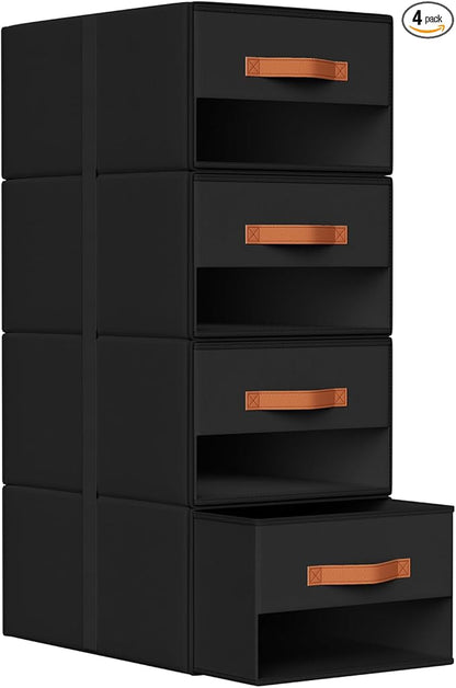 DIMJ Closet Organizers and Storage - Pull-out Fabric Bins with Drawers for Closet Foldable Clothes Organizers with Clear Window, Stackable Storage Drawers for Bedroom,Living Room,Shelf,4-Pack, Black