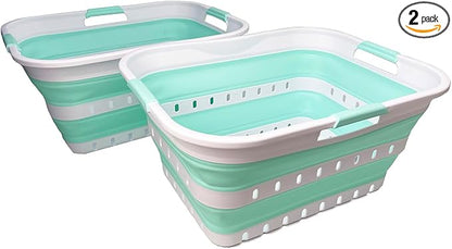 SAMMART 42L (11 gallons) Set of 2 Plastic Foldable Storage Basket/Container - Collapsible, Space Saving and Portable Laundry Hamper, Ideal for Home, Travel, Dorm (2, White/Light Green)