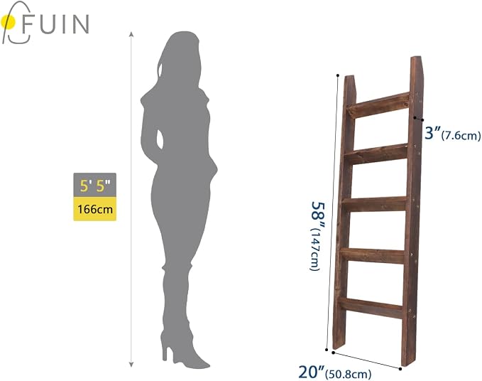 FUIN 5ft (58") Wood Blanket Ladder Living Room Decorative Wall Leaning Farmhouse Quilt Display Holder Rustic Wooden Towel Rack for Bathroom, Brown