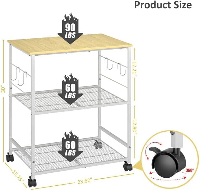 ThreeHio Rolling Kitchen Microwave Cart, 3 Tier Microwave Table Stand with Storage, Kitchen Utility Cart on Lockable Wheels, Small Coffee Station Shelf Rack Organizer for Living Room Office, Balcony