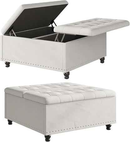 FUXA 35 Inch Large Square Ottoman with Storage, Oversized Ottoman Coffee Table with Lift Top and Wood Legs, Tufted Upholstered Storage Ottoman Bench for Living Room (Beige)