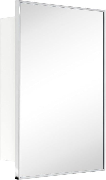 TEHOME 16.5'' x 24'' Chrome Recessed and Surface Mount Bathroom Medicine Cabinet with Mirror Square Cornered Metal Framed Rounded Rectangle Medicine Cabinet Mirror