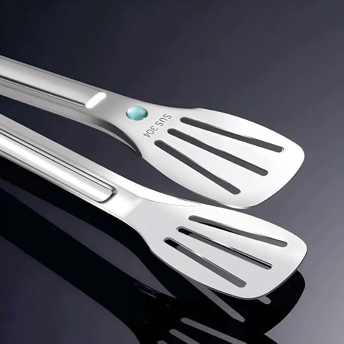 Kitchen tongs crafted from 304 stainless steel, effortlessly cleanable and food-grade safe. Ideal for cooking, salad preparation, barbecuing, frying and more. A splendid kitchen gift set (24cm + 29cm)