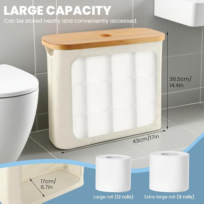 Toilet Paper Basket, Toilet Paper Storage with Lid for 12 Rolls, Collapsible Bathroom Toilets Papers Holder Organizer, Extra Toilets Roll Storage(Color:Beige)