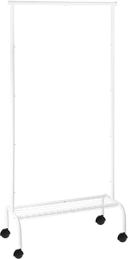 SunnyPoint Rolling Garment Rack with Shelf – Heavy-Duty Metal Clothing Rack on Wheels, 64.9” Tall Clothes Organizer with Bottom Storage, White