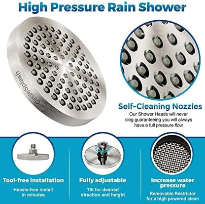 High Pressure Shower Head - Anti-Clogging Silicone Nozzles 2.5 GPM Removable Restrictor - Easy to Clean and Install - Includes Plumbers Tape - 6 inch - (Brushed Nickel 2.5GPM)