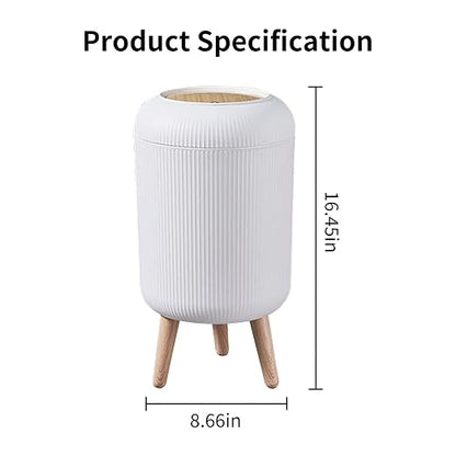 Trash Can With Lid for Bathroom, 2 Gallon/10 Liter Round Garbage Bin With Press Top, Plastic Modern Wastebasket With Soft Close, Container for Bedroom, Living Room, Office (White)