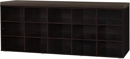 DINZI LVJ Shoe Storage Bench with Cushion, 15-Cubby Shoe Rack, Adjustable Shelves, Long Shoe Organizer Bench for Entryway, Mudroom, Hallway, Living Room, Bedroom and Garage, Espresso