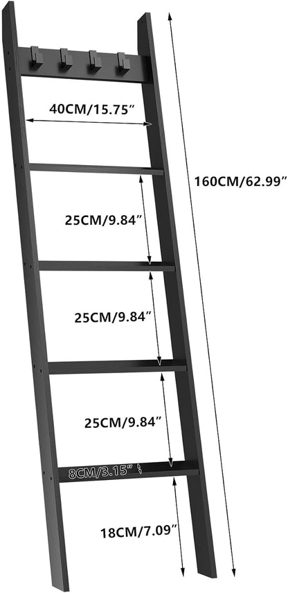 IBUYKE 5-Tier Blanket Ladder Shelf,Ladder Rack for Storage and Decor,Wooden Blanket Holder with Hooks,Easy Assembly for Bedroom,Rustic Brown TTR006H