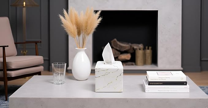 Marble Tissue Box Cover Square Decorative Stone Klenex Box Holder for Bathroom & Living Room with Handcrafted Texture (Marble-A)