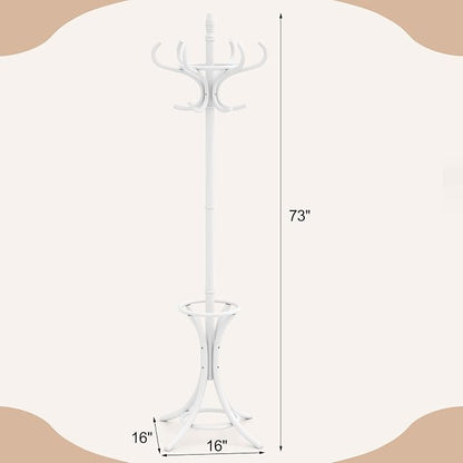 Giantex Solid Wood Coat Rack, Freestanding Hall Tree w/12 Hooks, Umbrella Holder, Entryway Hanger Stand for Coat, Hats, Scarves, Bags, Wooden Garment Rack for Bedroom, Hallway (White)