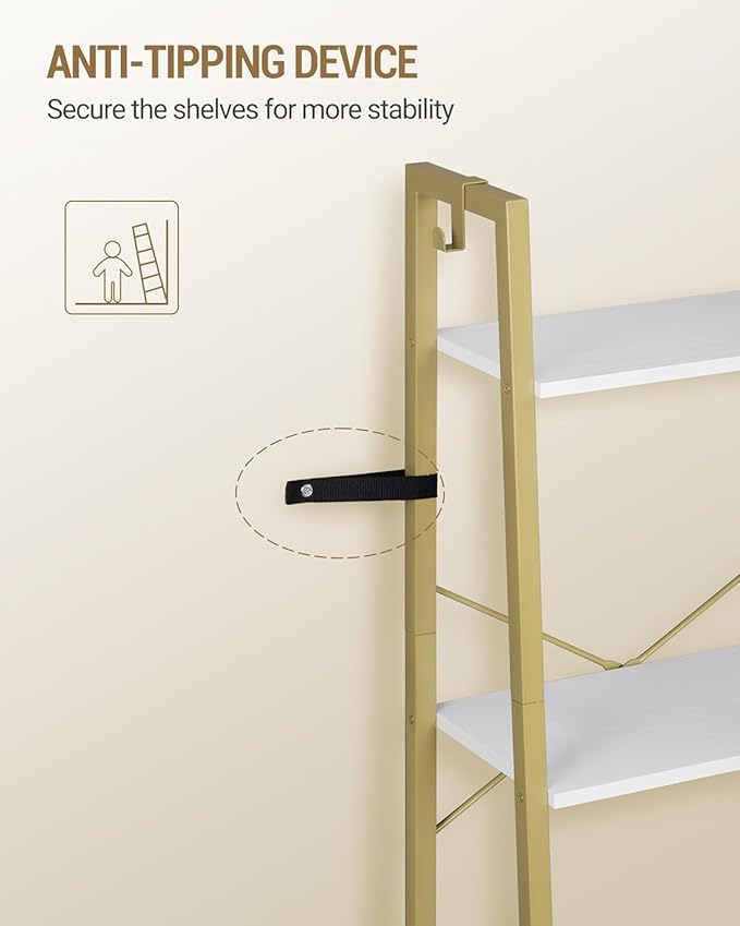 Ladder Shelf, Bookshelf Bookcase, Freestanding Corner Storage Shelve with 2 Hooks for Home Office, Living Room, Kitchen, Bedroom, Industrial, 11.8" D x 17.3" W x 63" H, White Gold BC19213G