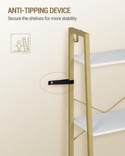 Ladder Shelf, Bookshelf Bookcase, Freestanding Corner Storage Shelve with 2 Hooks for Home Office, Living Room, Kitchen, Bedroom, Industrial, 11.8" D x 17.3" W x 63" H, White Gold BC19213G