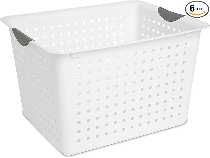 Sterilite 6-Pack Deep Ultra Basket, Open Top Plastic Storage Organizer, White - Large Containers for Organizing Pantry Shelves, Kitchen Cabinets, Laundry Areas, Dorm Rooms, and Classrooms