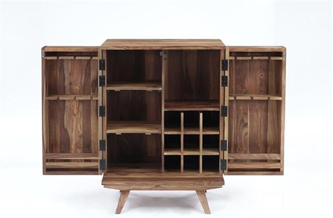 Pemberly Row Contemporary Solid Sheesham Wood Bar in Light Brown