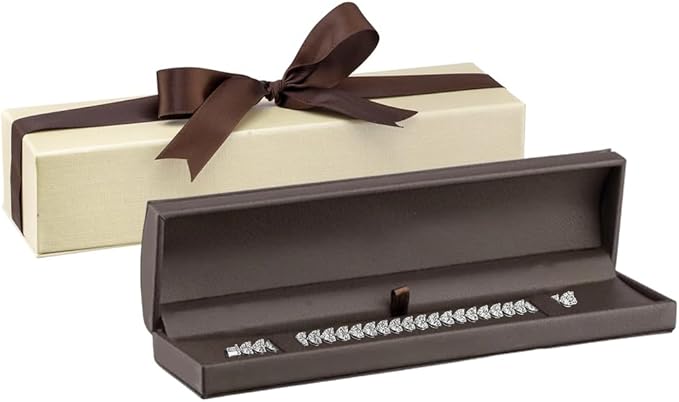 Dome-Shape Leather Bracelet Box for Women & Men – Jewelry Gift Box Ideal for Bracelet Case, Necklace, Chain – Bracelet/Necklace Box with Cream Ribbed Outer Box & Matching Bow Ribbon