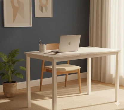 55 inch Large Computer Desk Wood, Modern Simple Style Desk for Home Office, Bedroom, Study Student Writing Desk, Small Spaces, White Metal Frame, Marble Grain Top