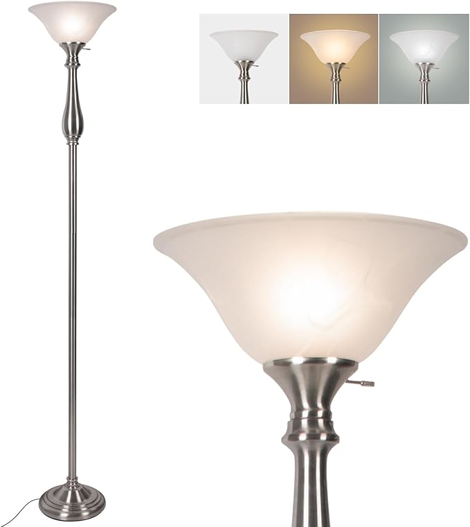 HonoDing Torchiere Floor Lamp for Living Room, Standing Lamp with White Alabaster Glass Shade, Iron Brushed Nickel Floor Lamps, Corner Lamps for Bedroom, Office, Reading