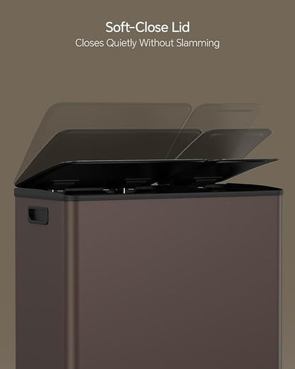 Lovewind Dual Trash and Recycling Bins for Kitchen, 13+6 Gallon Stainless Steel Garbage and Recycle Bin Combo for Large Families, Dual Trash Can with Soft Close Lid & Magnetic Stickers, Brown