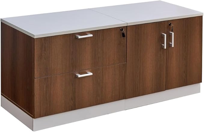 NBF Esquire Office Storage Cabinet and Lateral File - Laminate Storage Cabinet with Two Lockable Door and Adjustable Shelf - Lateral File Cabinet with 3 File Drawers - (63" W x 29.5" H, Walnut)