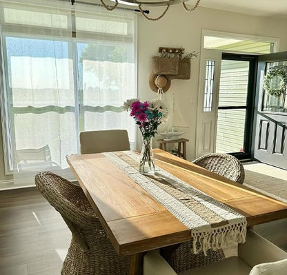 FEXIA Boho Table Runner for Summer Home Decor with Tassels 108 Inches Farmhouse Long Pottery barn Furniture Rustic Macrame Burlap Centerpieces for Tables Decoration for Living Room (12x108 Inches)