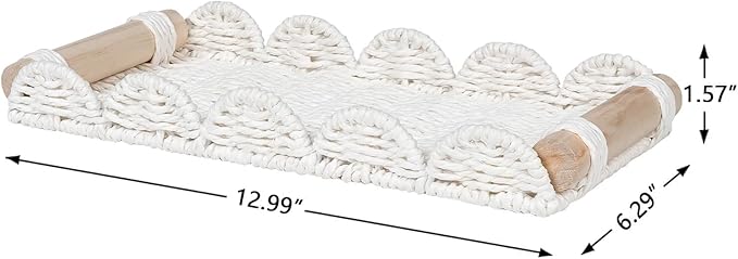 CubesLand Bathroom Toilet Paper Tray Organizer, Scalloped Decorative Tray w/Wood Handle for Counter, Shelves, Wicker Tray for Farmhouse Rustic Home Decor, Coffee Table Decor, Seasonal Decor, TP160401