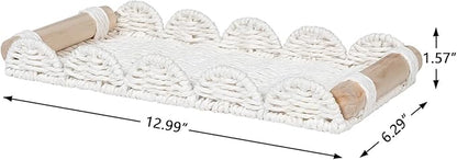 CubesLand Bathroom Toilet Paper Tray Organizer, Scalloped Decorative Tray w/Wood Handle for Counter, Shelves, Wicker Tray for Farmhouse Rustic Home Decor, Coffee Table Decor, Seasonal Decor, TP160401