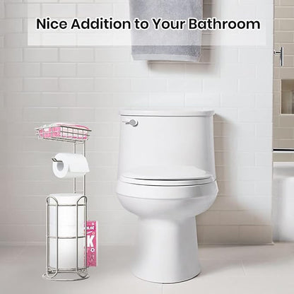 Mega Roll Toilet Paper Holder Stainless Steel Bathroom Tissue Holder Stand TP Dispenser with Phone/Wipe Shelf & Magazine Rack Free Standing-Chrome