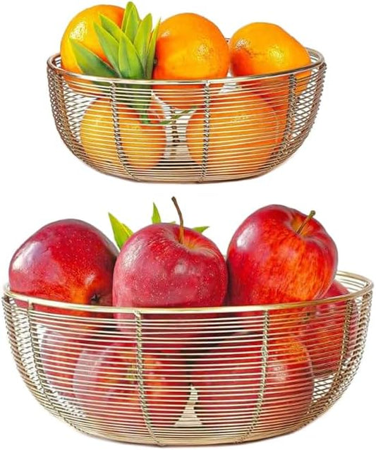 SciencePurchase Set of 2 Different Size Air Circulating Fruit Baskets - Includes 10-inch and 8-inch Wide Gold Color Bowls