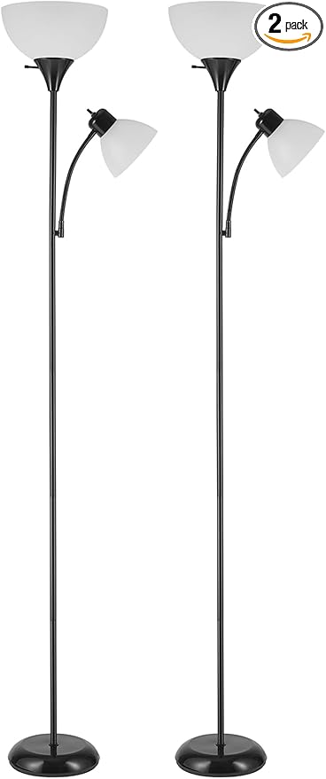 GLOBE Electric 67135 72" Torchiere Floor Lamp and Adjustable Reading Light,Matte Black,Frosted Shade,Dual Rotary Switch,3-Step Dimming,Modern Lighting for Living Room or Office,(Pack of 2)