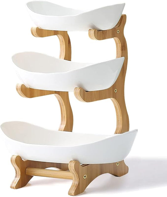 Liywall - 3 Tier Ceramic Fruit Bowl With Bamboo Wood Stand for Kitchen Counter,Porcelain Fruit Basket for Vegetable Storage,Snack Dessert Cake Tray Plate Rack for Party Wedding - White