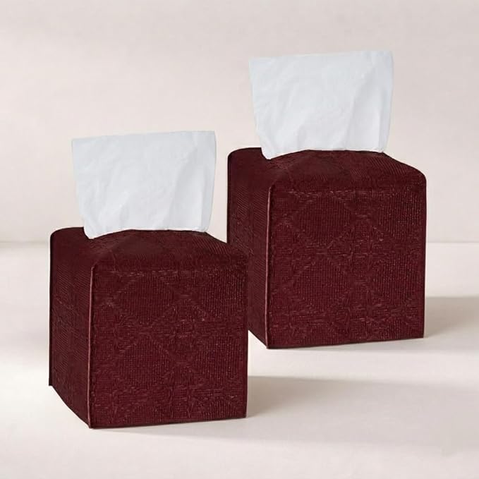 Tissue Box Cover 2-Pack, Square Tissue Holder with Bottom Belt, Modern Tissue Case Facial Paper Organizer Dispenser for Bathroom, Office, Home, Table, Car, Red, Linen Pattern