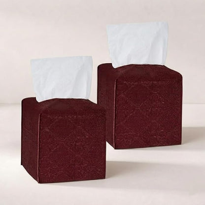 Tissue Box Cover 2-Pack, Square Tissue Holder with Bottom Belt, Modern Tissue Case Facial Paper Organizer Dispenser for Bathroom, Office, Home, Table, Car, Red, Linen Pattern