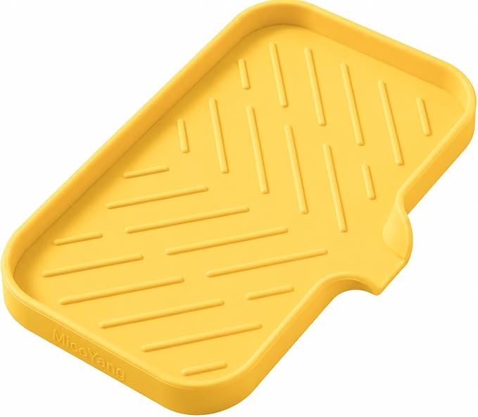 MicoYang Silicone Soap Dish with Drain Spout — Self-Draining Sink Organizer Tray for Bathroom & Kitchen, Sponges, Dispensers & Soap Holder, Non-Slip & Dishwasher Safe, Yellow (Medium, 9.6"×5.3")