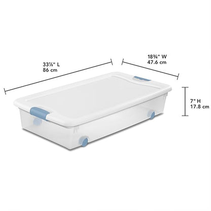 Sterilite 8-Pack Wheeled Latching Box, Plastic Under Bed Storage Bins with Lids, 56 Quart - Large Clear Stackable Tote Organizer Containers for Closet, Bedroom, Bathroom, and Office Organization
